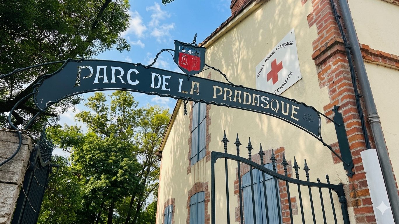 Entrée du Parc de la Pradasque à Caussade — décor des marchés d'hiver
